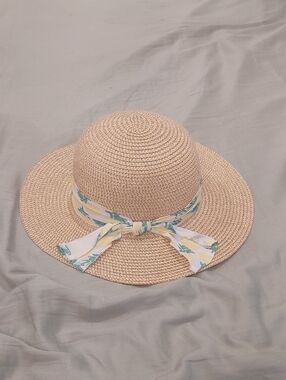 Women’s Straw Sun Hat with Floral Scarf Band - Natural